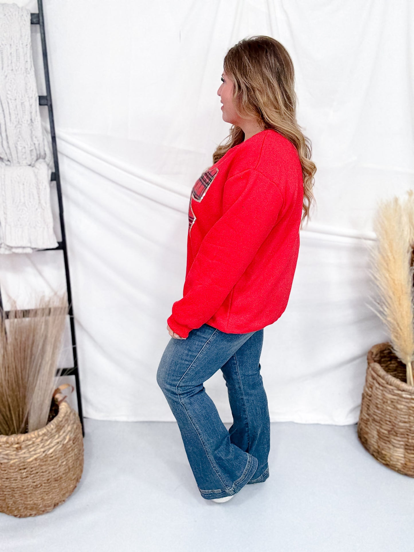 Red Sweatshirt With Plaid Christmas Bow