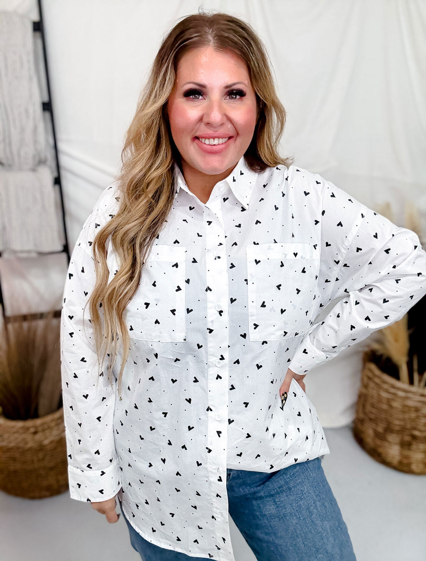 Black & White Button Front Top With Hearts & Polka Dots