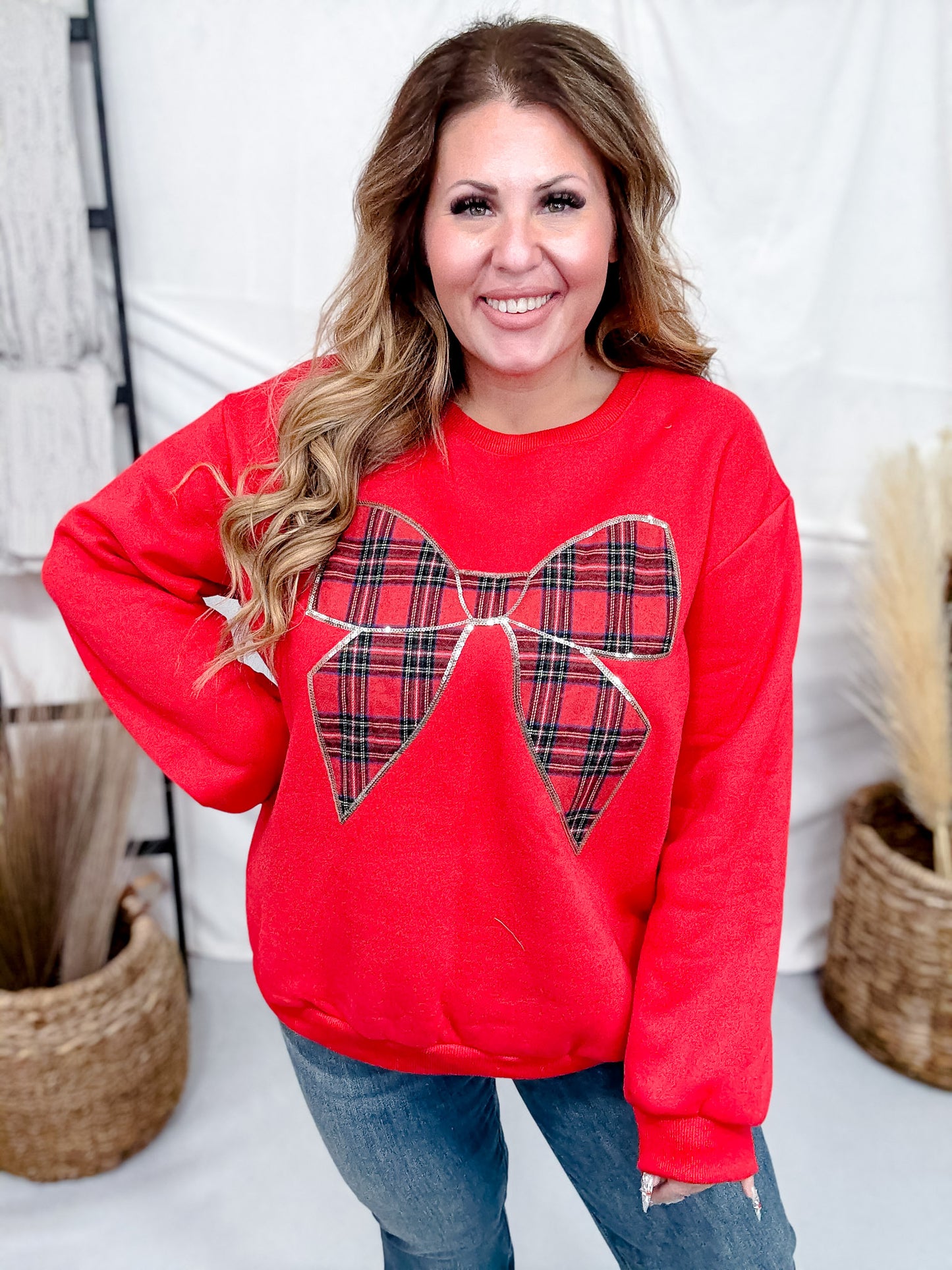 Red Sweatshirt With Plaid Christmas Bow
