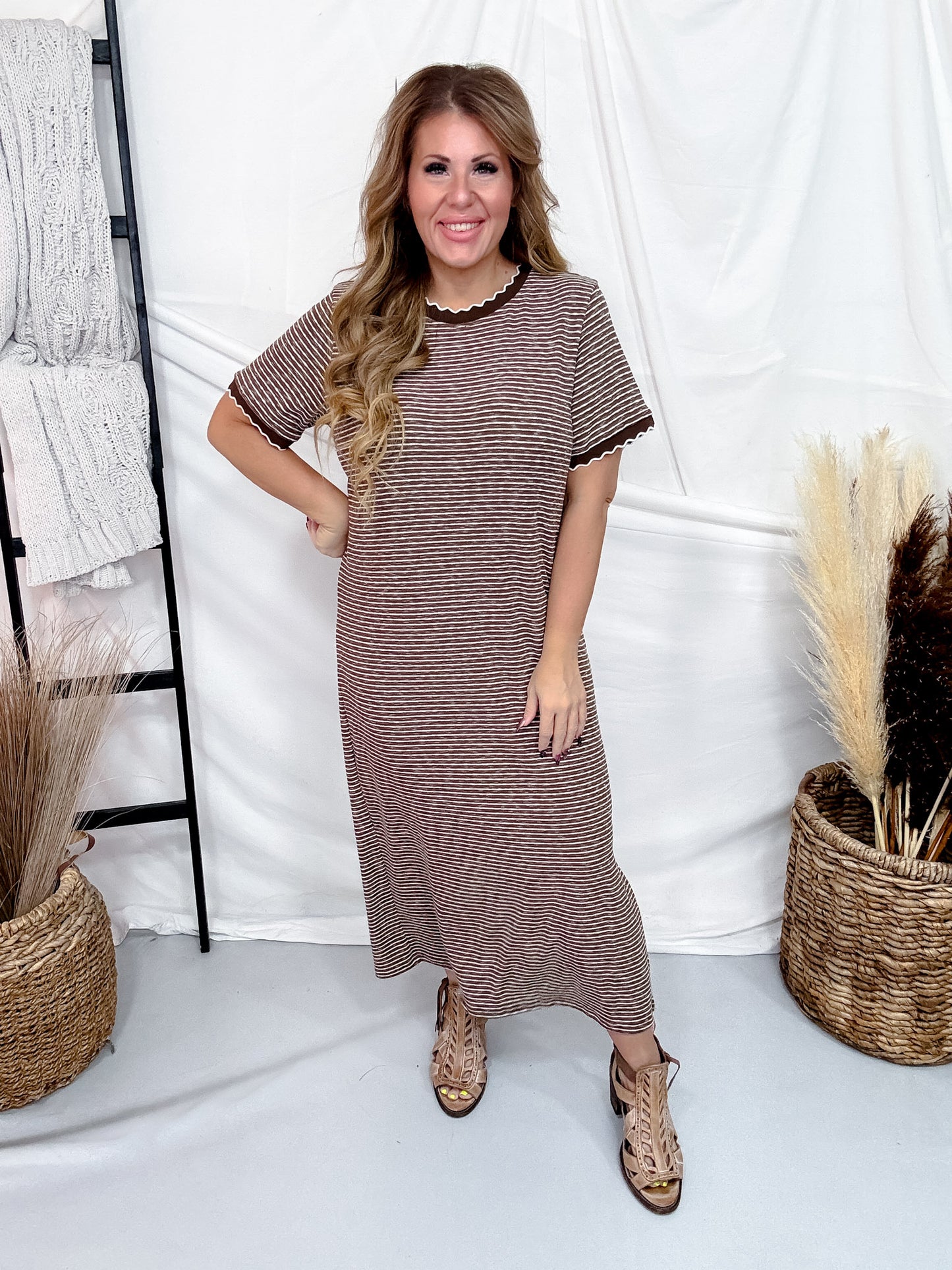 Mocha & Cream Striped Midi Dress With Scalloped Trim
