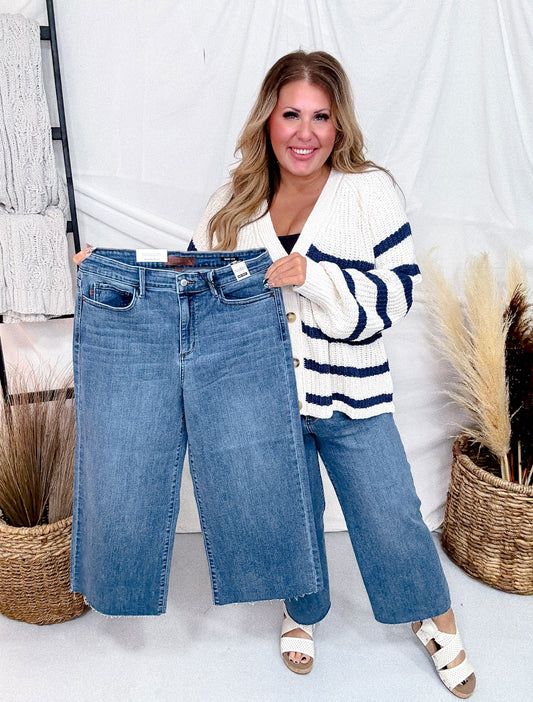 Judy Blue High Waist Cropped Wide Leg Raw Hem Jeans