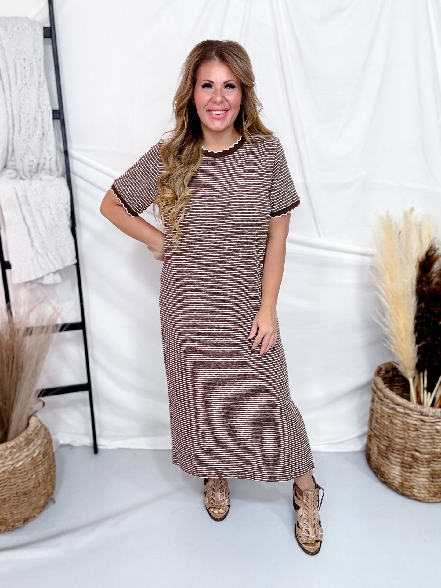 Mocha & Cream Striped Midi Dress With Scalloped Trim