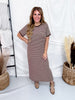 Mocha & Cream Striped Midi Dress With Scalloped Trim
