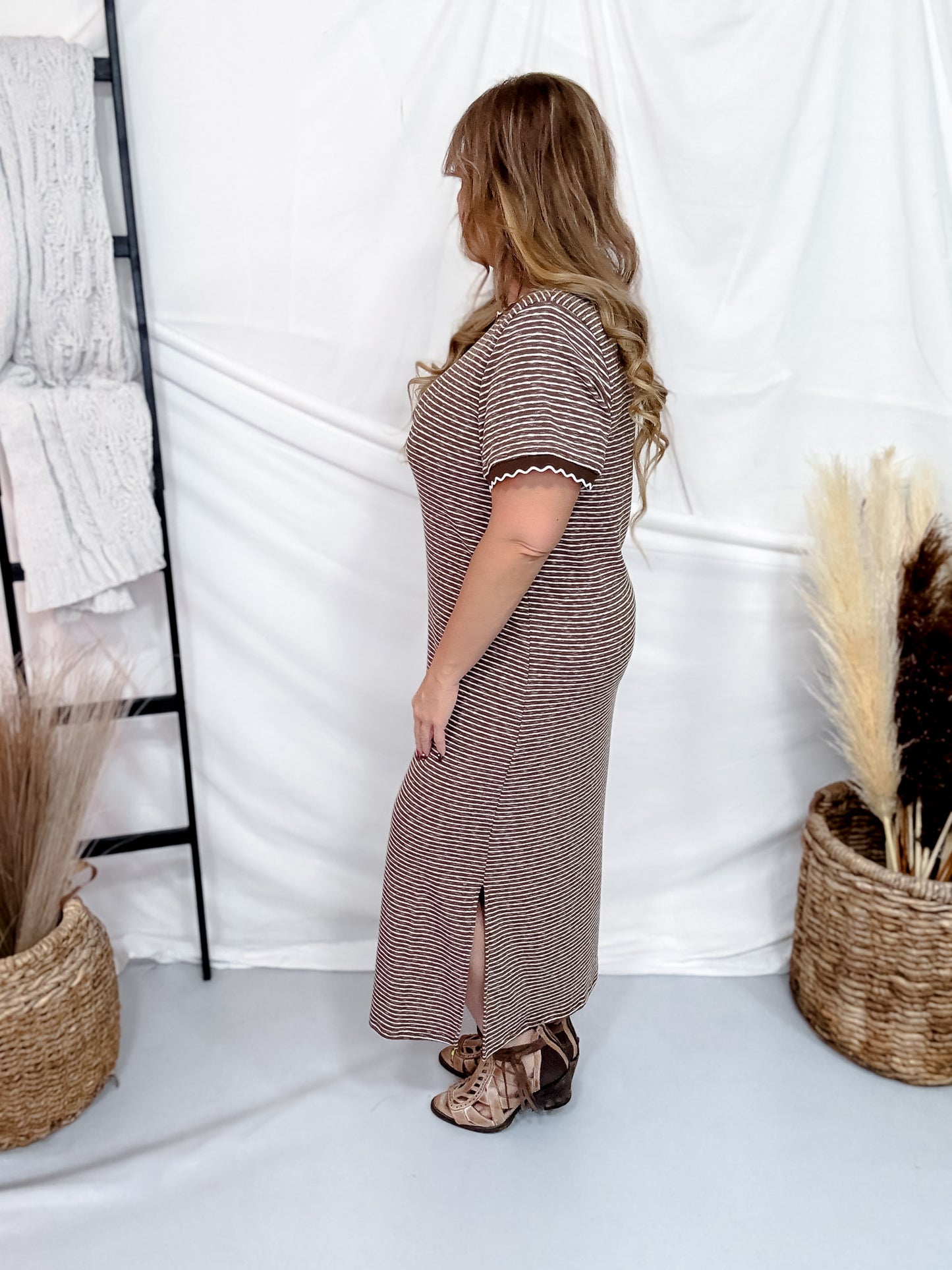Mocha & Cream Striped Midi Dress With Scalloped Trim