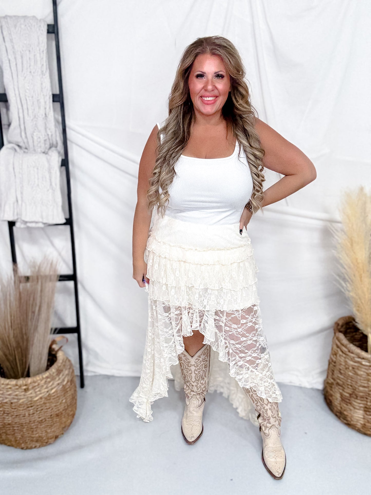 Cream Lace High-Low Ruffle Tiered Maxi Skort