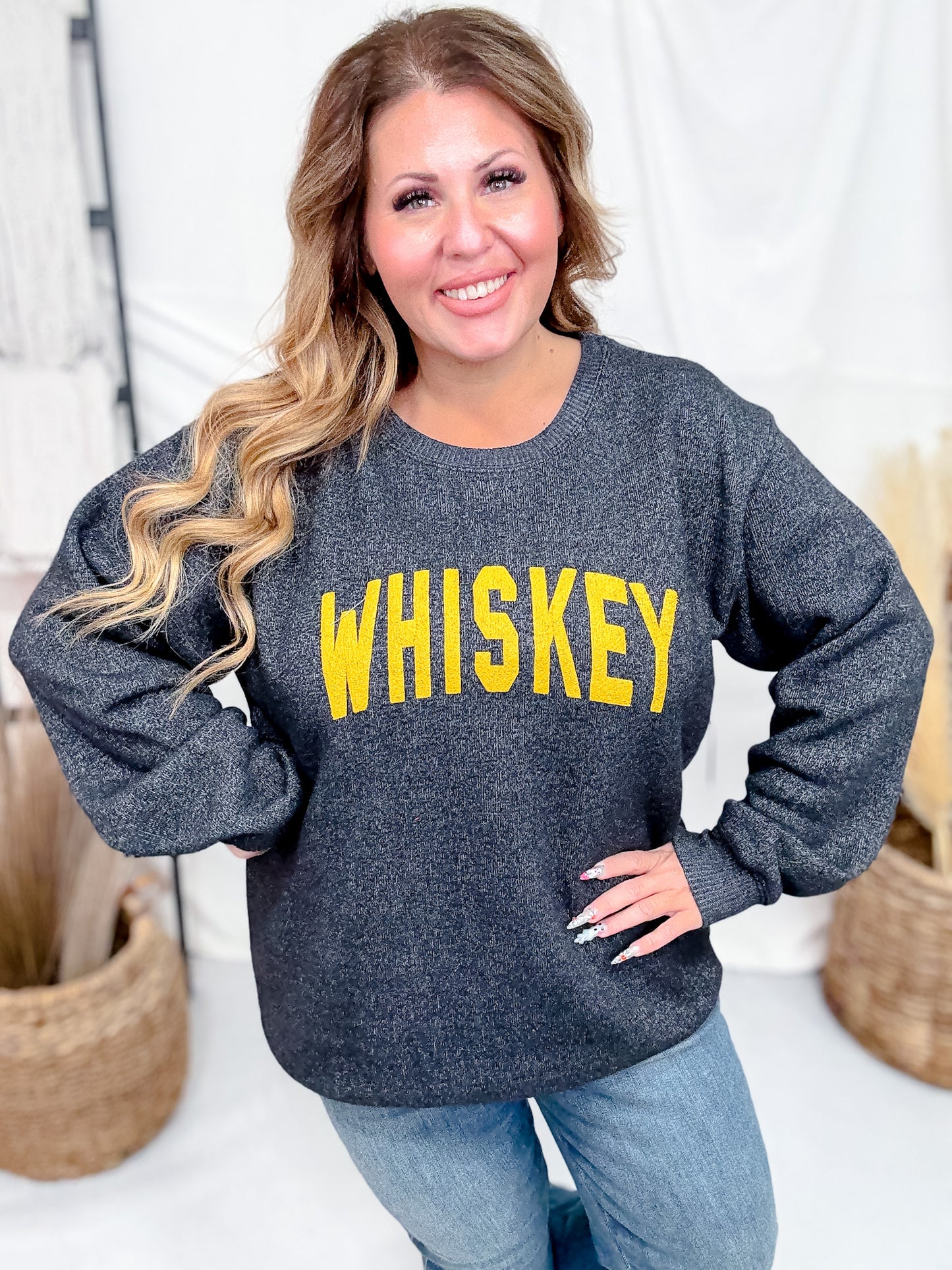 Textured Whiskey Long Sleeve Knit Sweatshirt