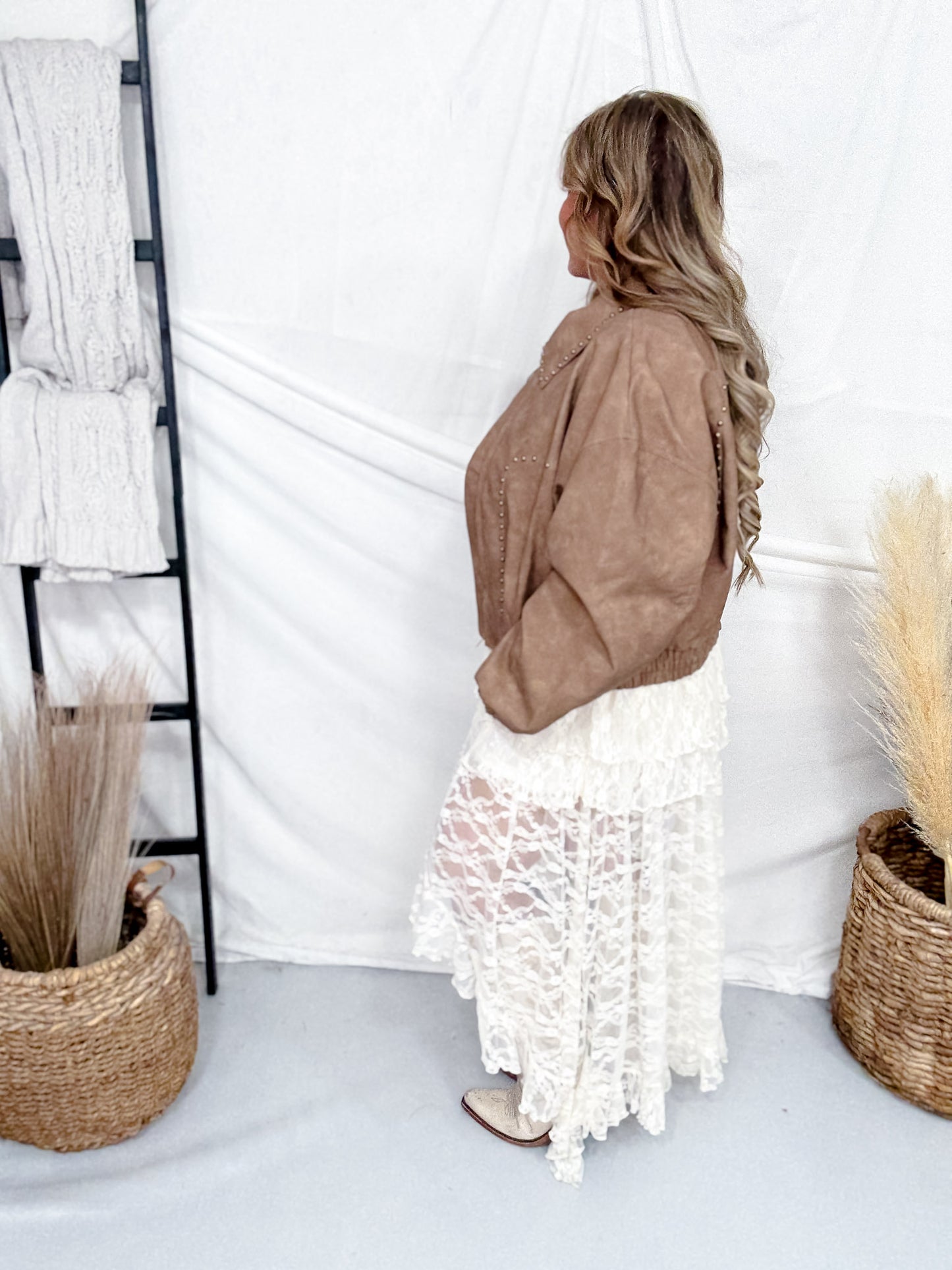 Tan Cropped Faux Leather Jacket With Studs