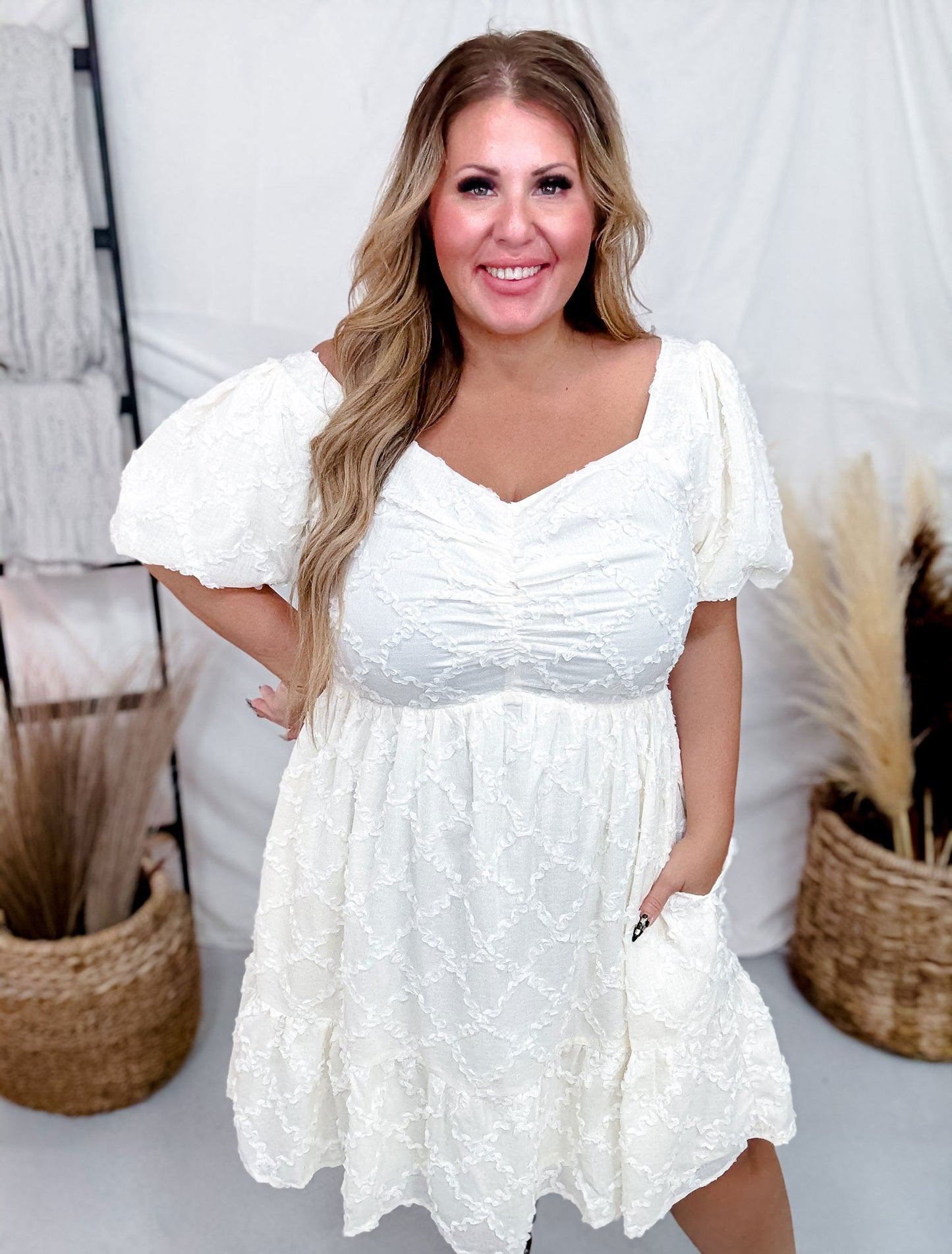 Textured Woven Dress With Balloon Sleeves In Cream