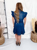 Ruffle Sleeve Denim Dress With Buttoned Neckline