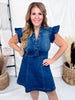 Ruffle Sleeve Denim Dress With Buttoned Neckline
