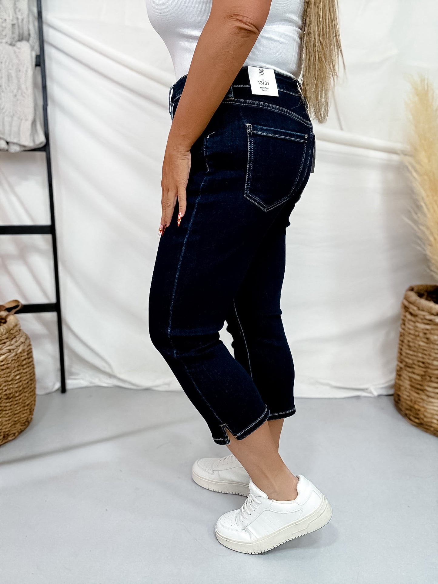 RFM Dark Wash High Waist Capris With Slit Hems