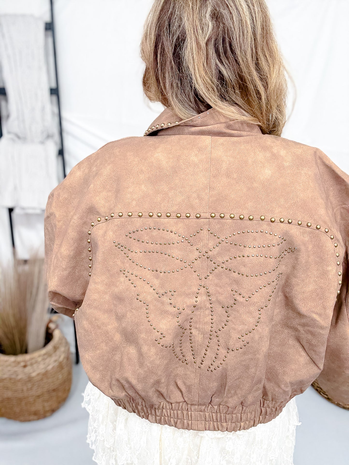 Tan Cropped Faux Leather Jacket With Studs