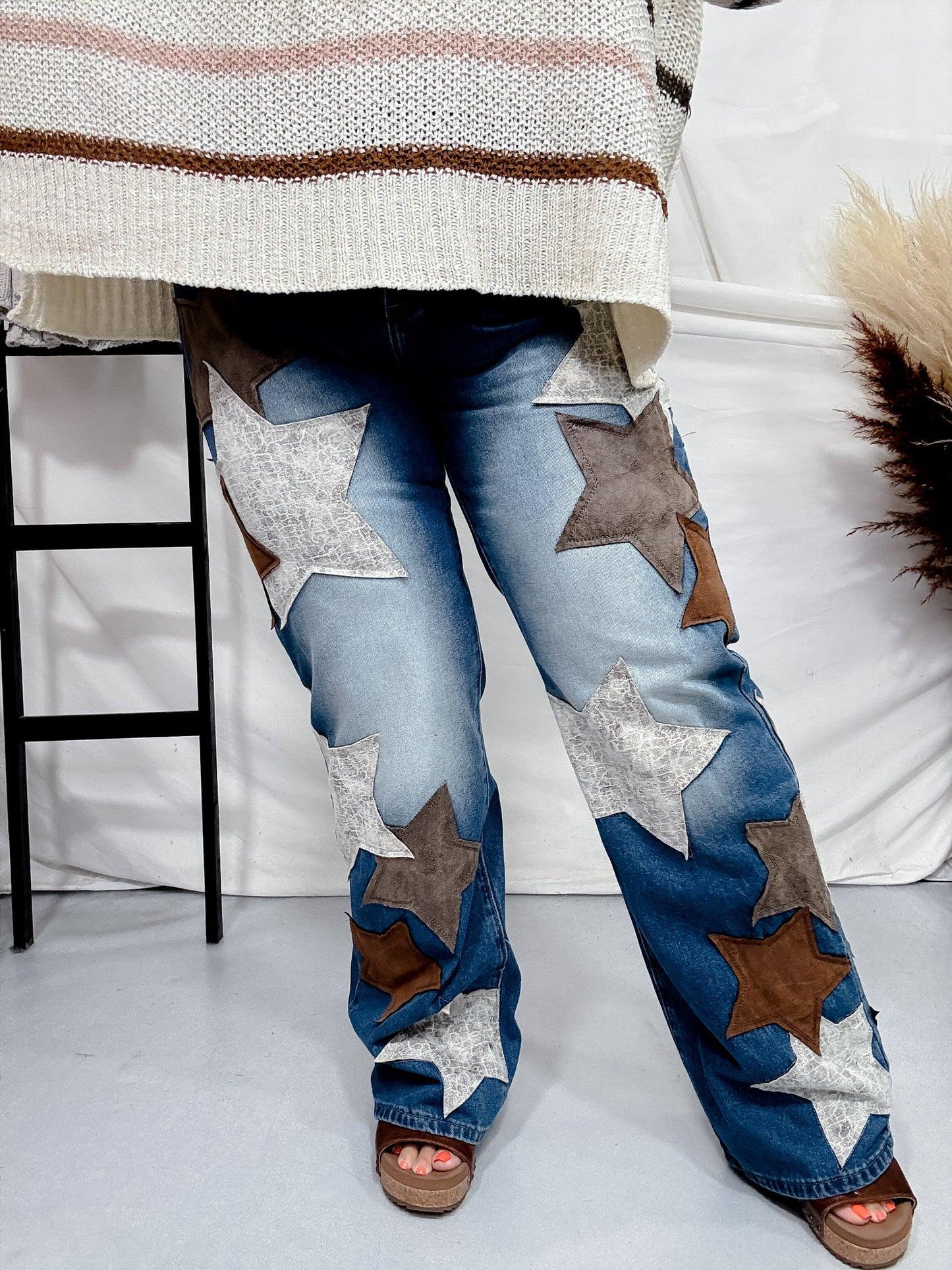 Washed Pu Leather Star Patched Jeans