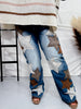 Washed Pu Leather Star Patched Jeans