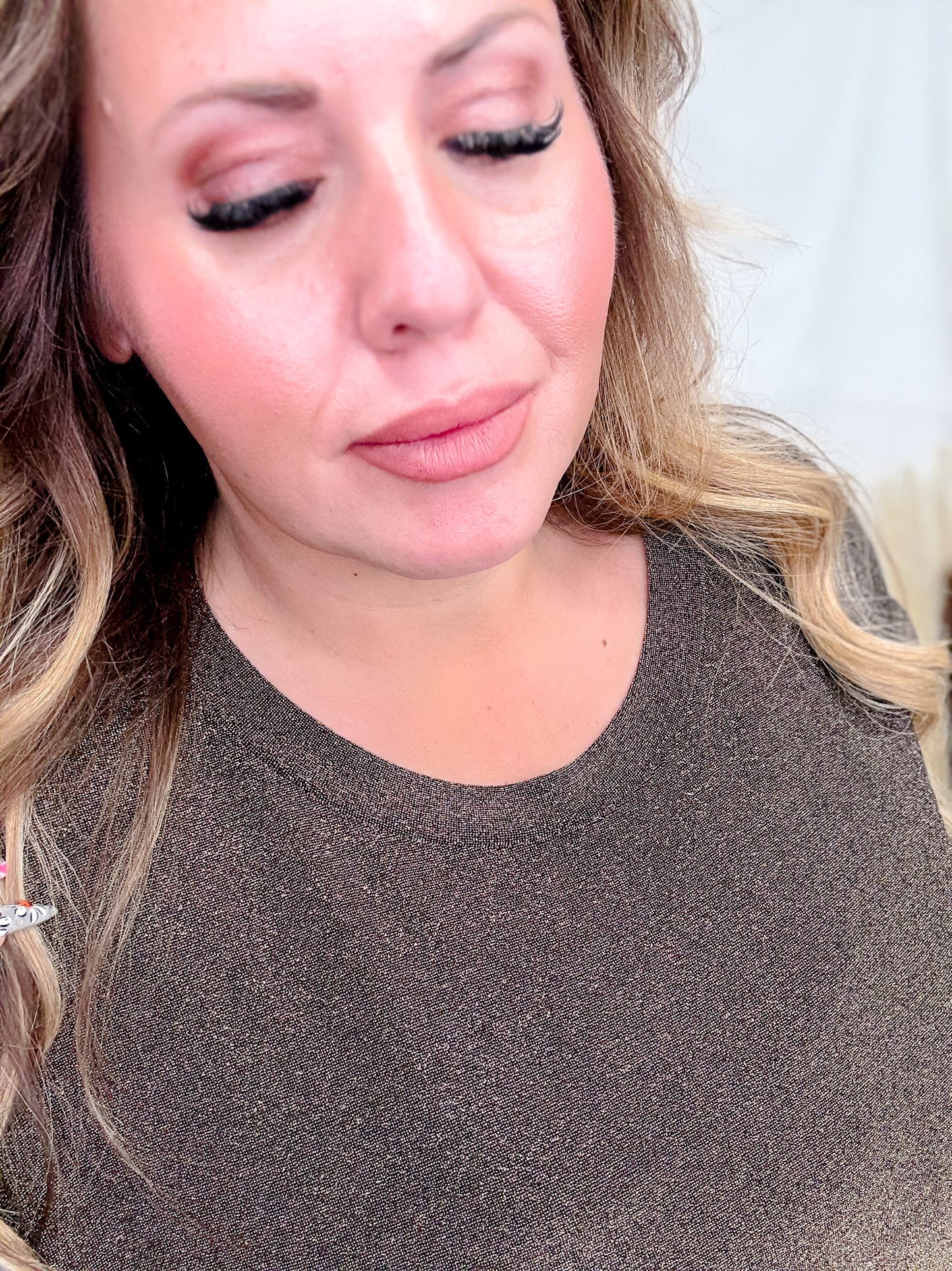 Shimmery Bronze Top With Cap Sleeves & Round Neckline