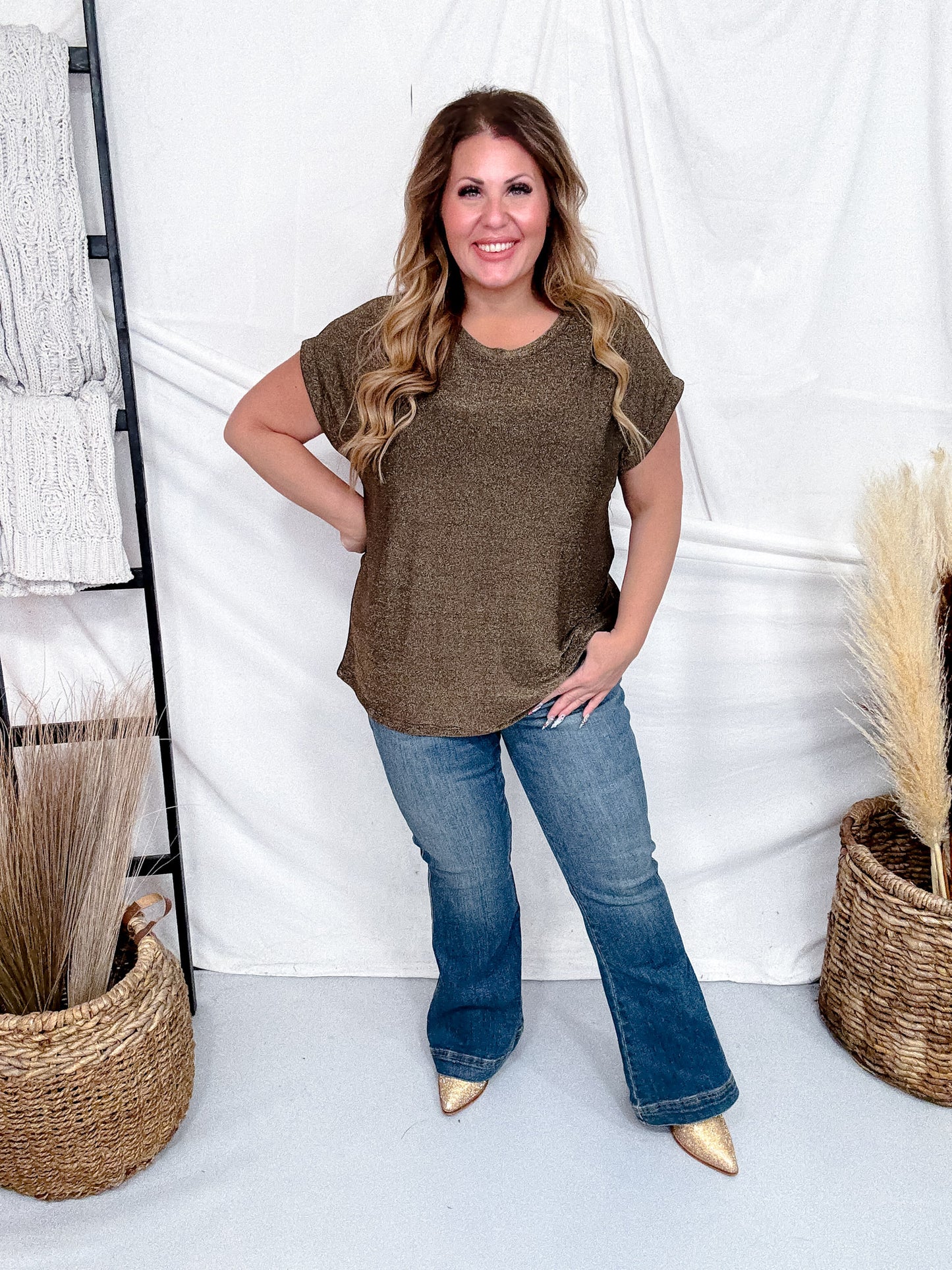 Shimmery Bronze Top With Cap Sleeves & Round Neckline