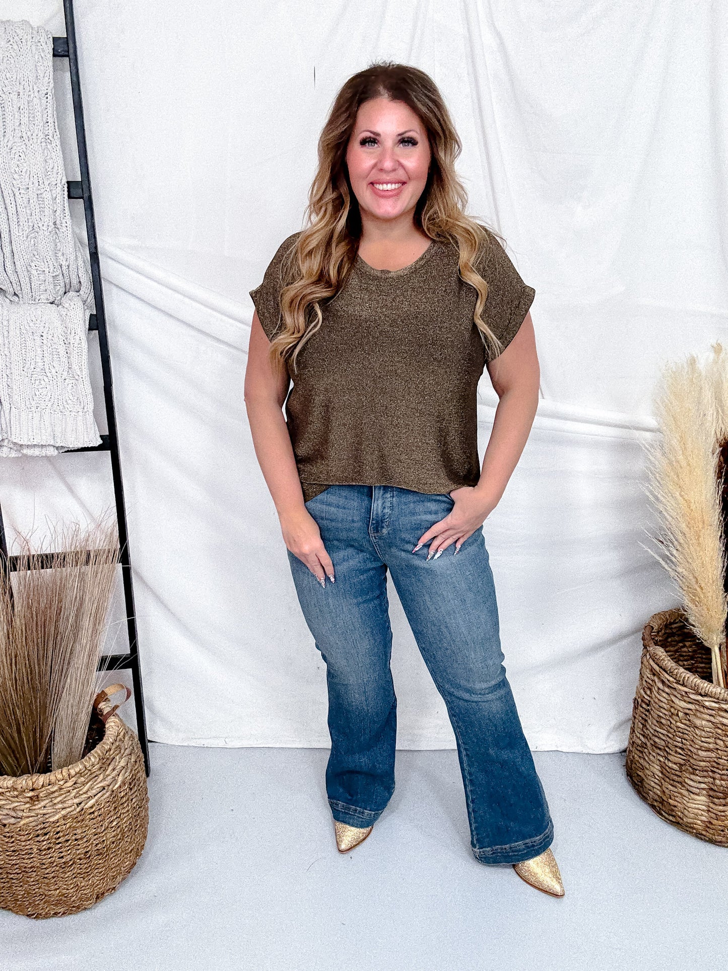 Shimmery Bronze Top With Cap Sleeves & Round Neckline