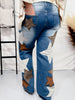 Washed Pu Leather Star Patched Jeans