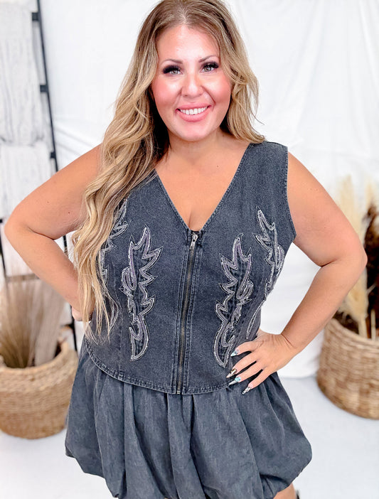 Black Denim Corset Midi Top With Western Stitching