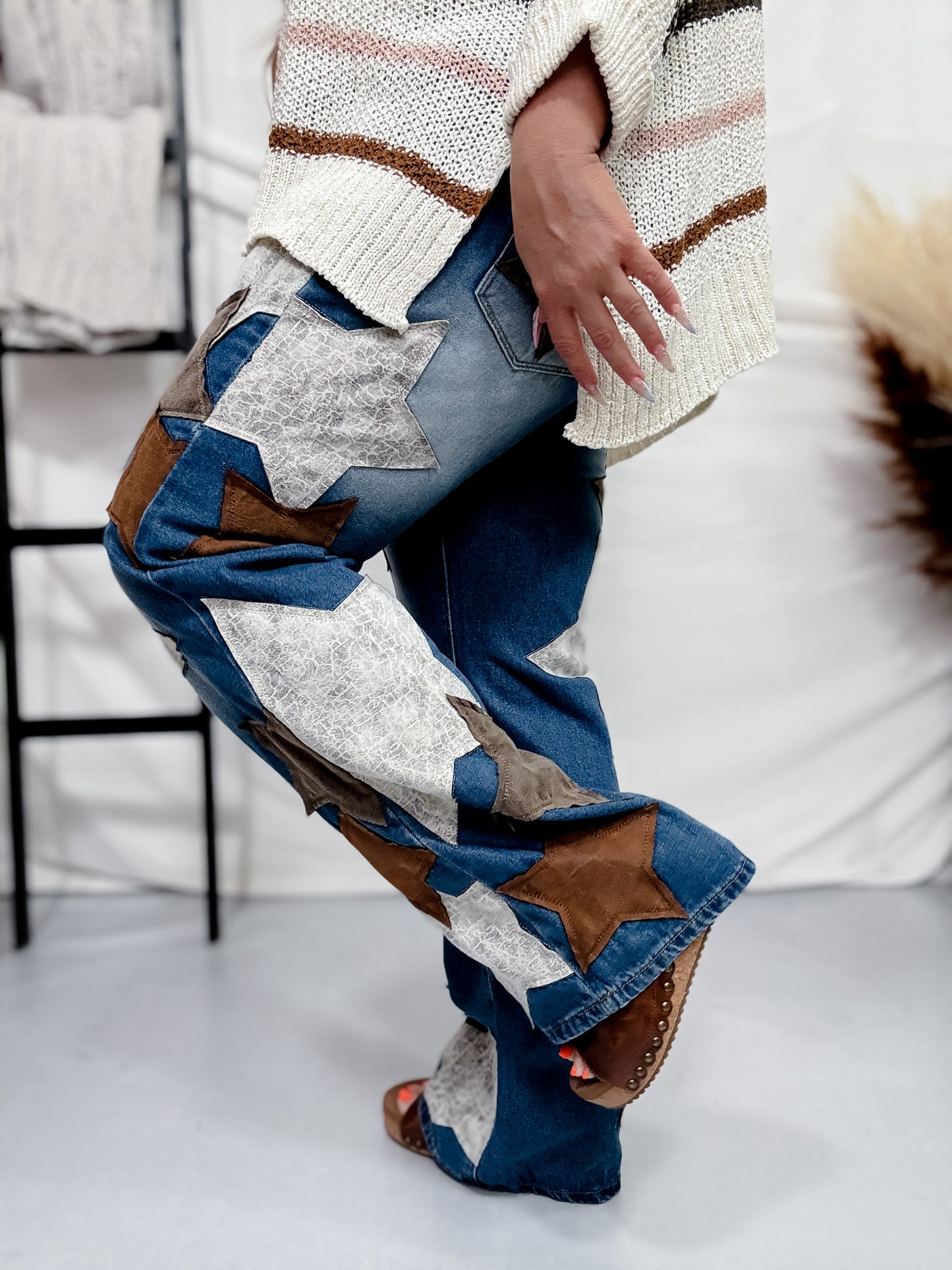 Washed Pu Leather Star Patched Jeans