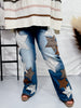 Washed Pu Leather Star Patched Jeans