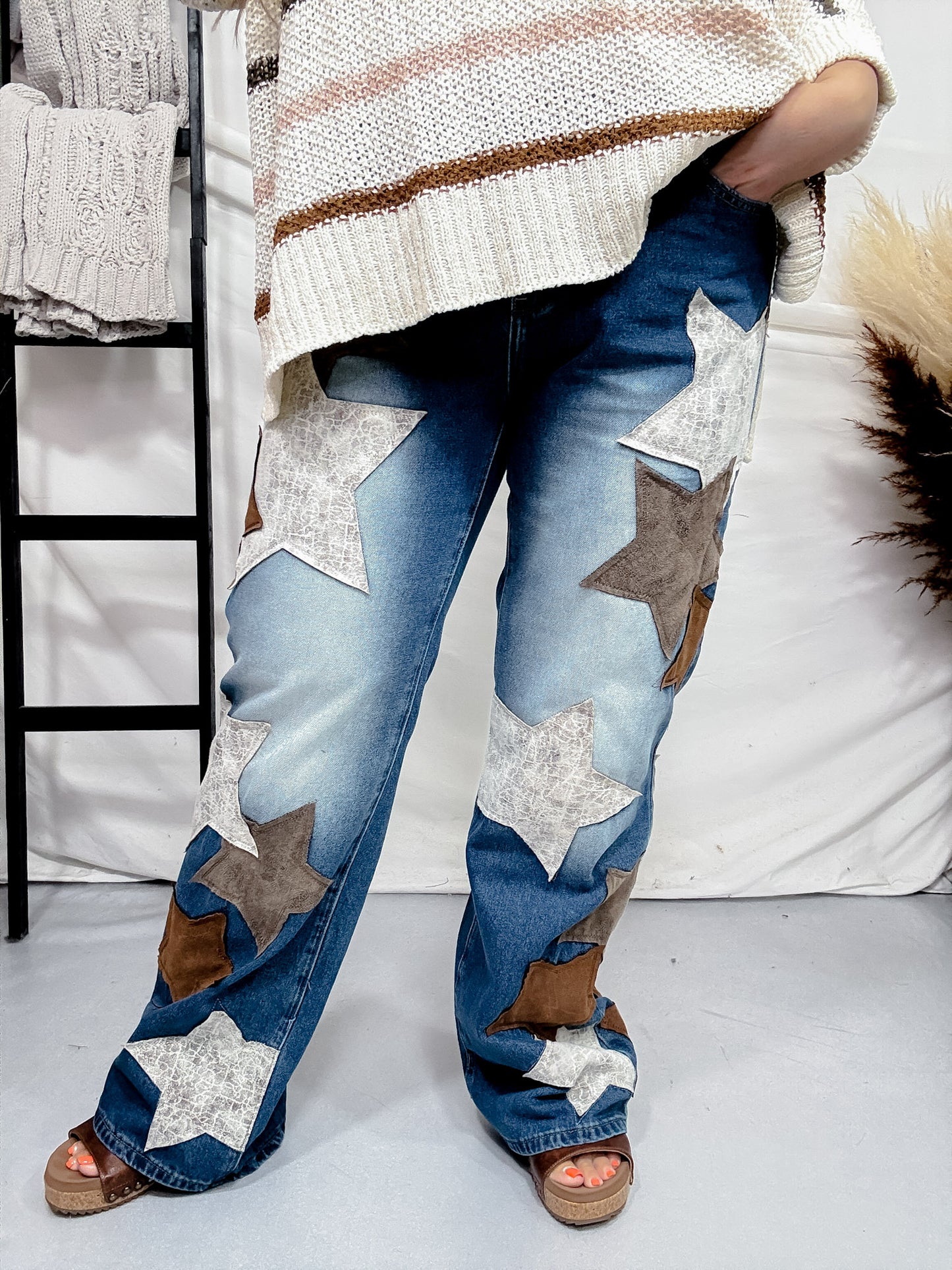 Washed Pu Leather Star Patched Jeans