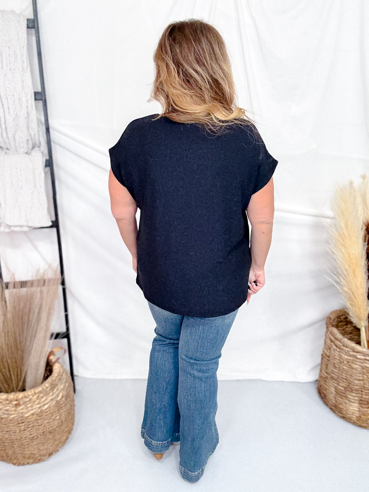 Shimmery Black Round Neck Top With Cap Sleeves