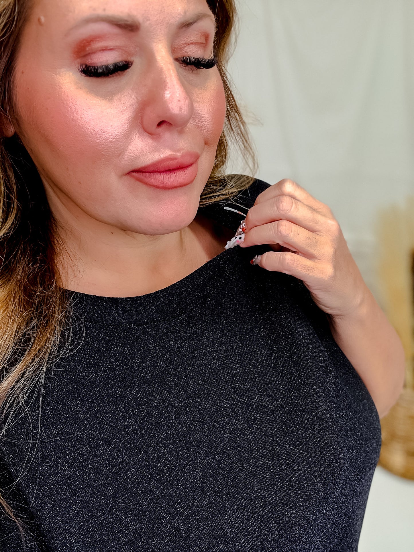 Shimmery Black Round Neck Top With Cap Sleeves