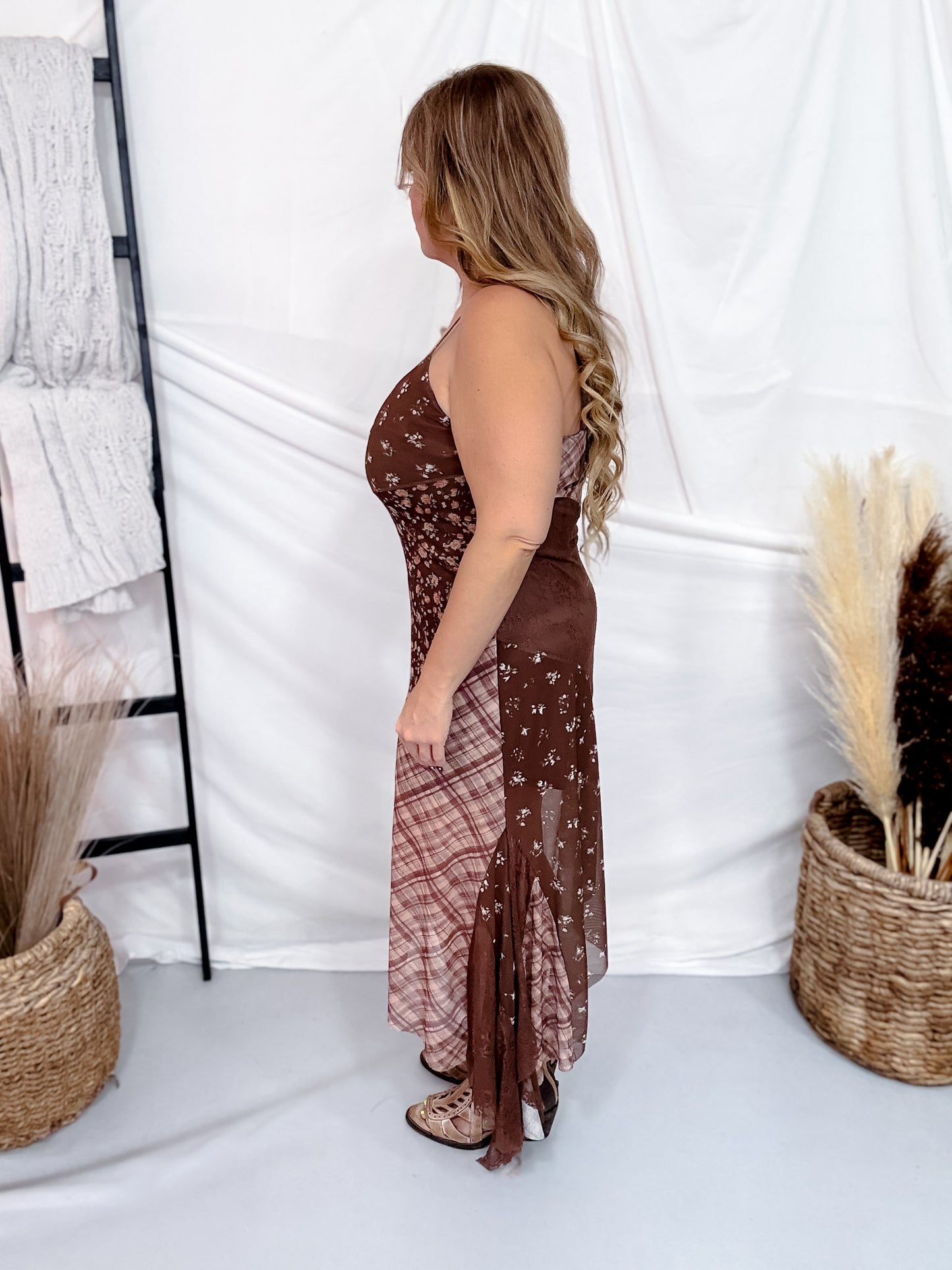 Floral & Plaid Spaghetti Strap Midi Dress