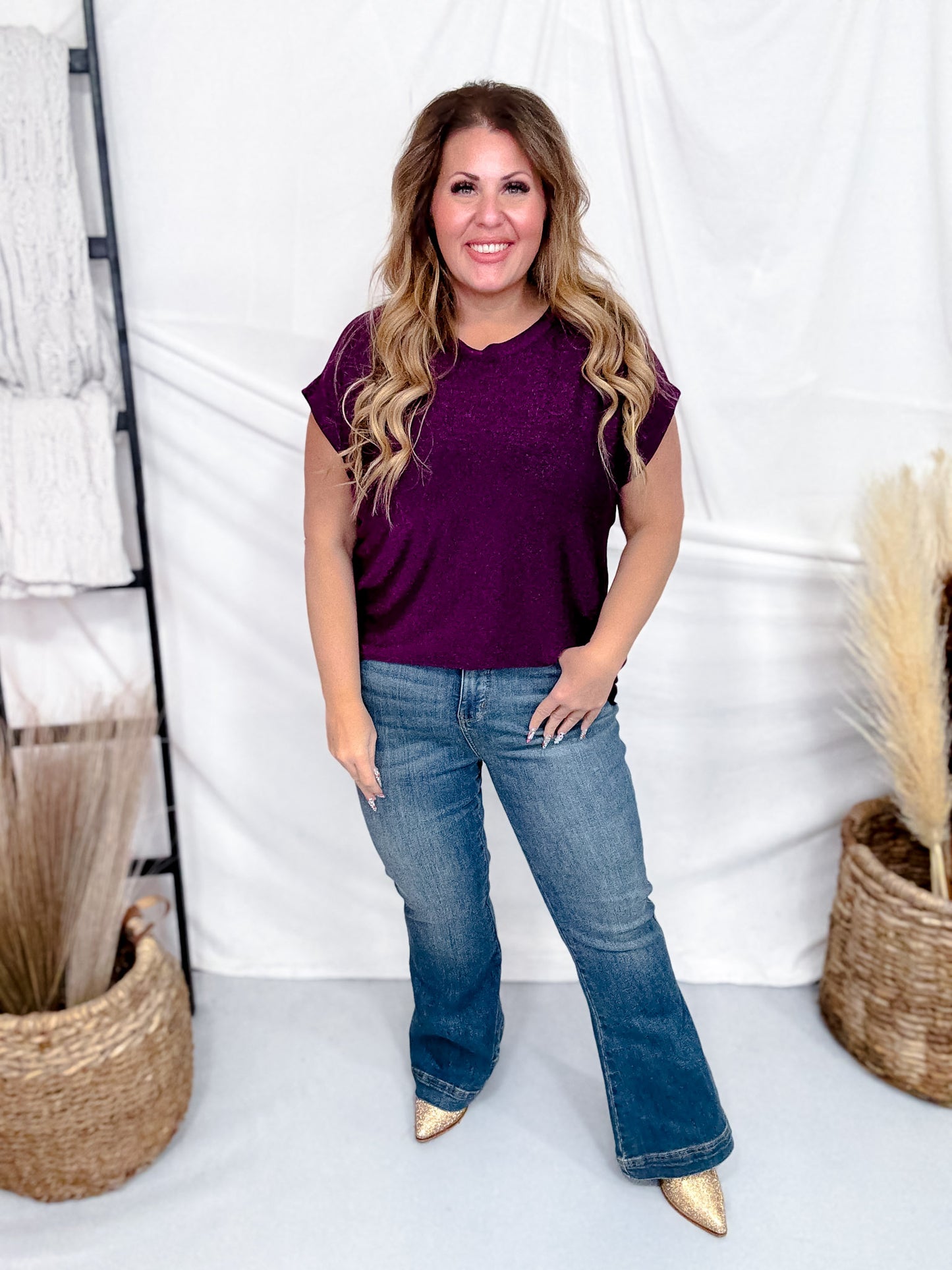 Shimmery Purple Cap Sleeve Top With Round Neckline