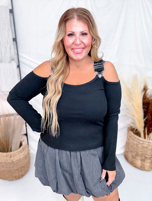 Black Long Sleeve Top With Overall Straps