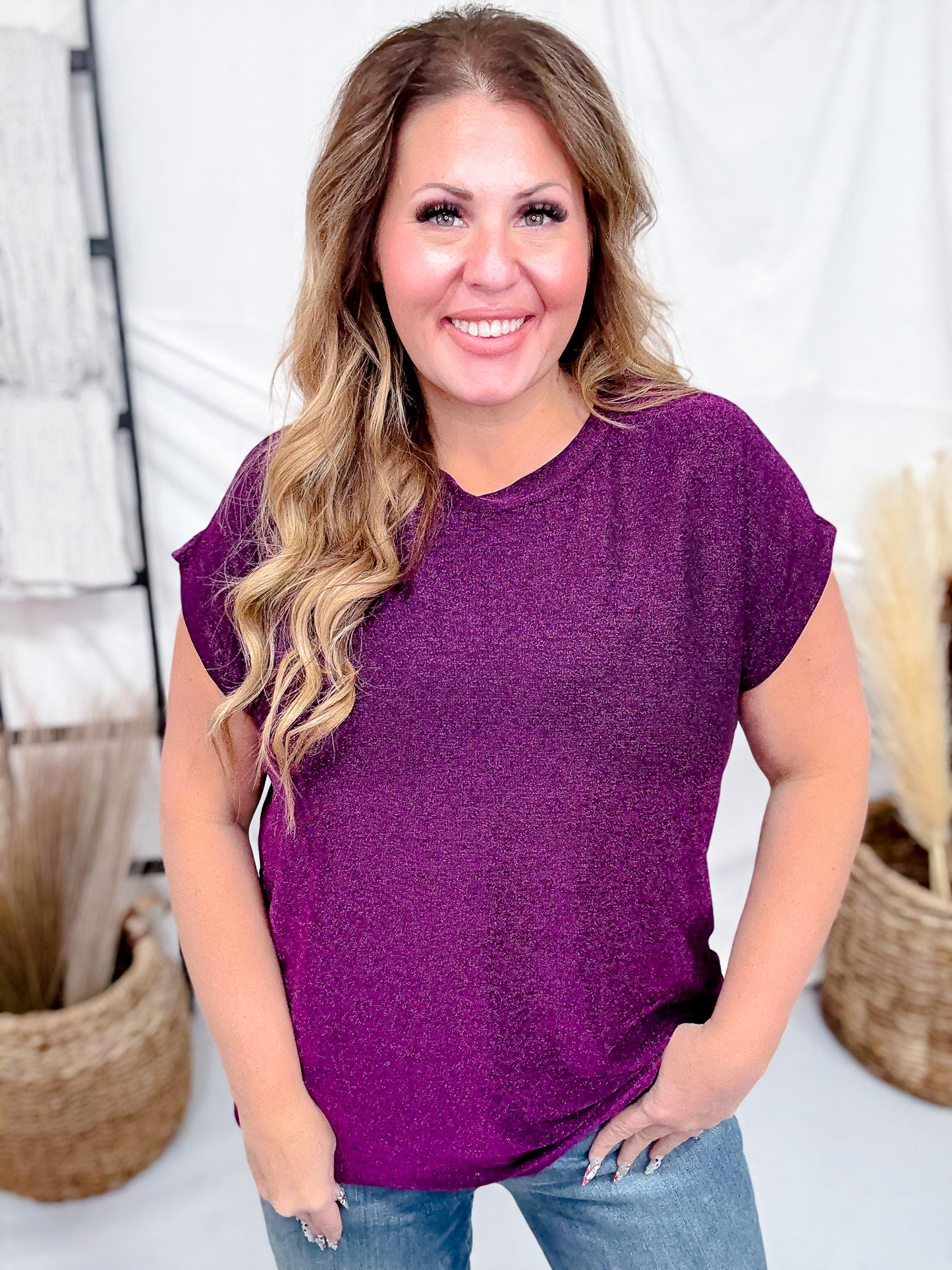Shimmery Purple Cap Sleeve Top With Round Neckline