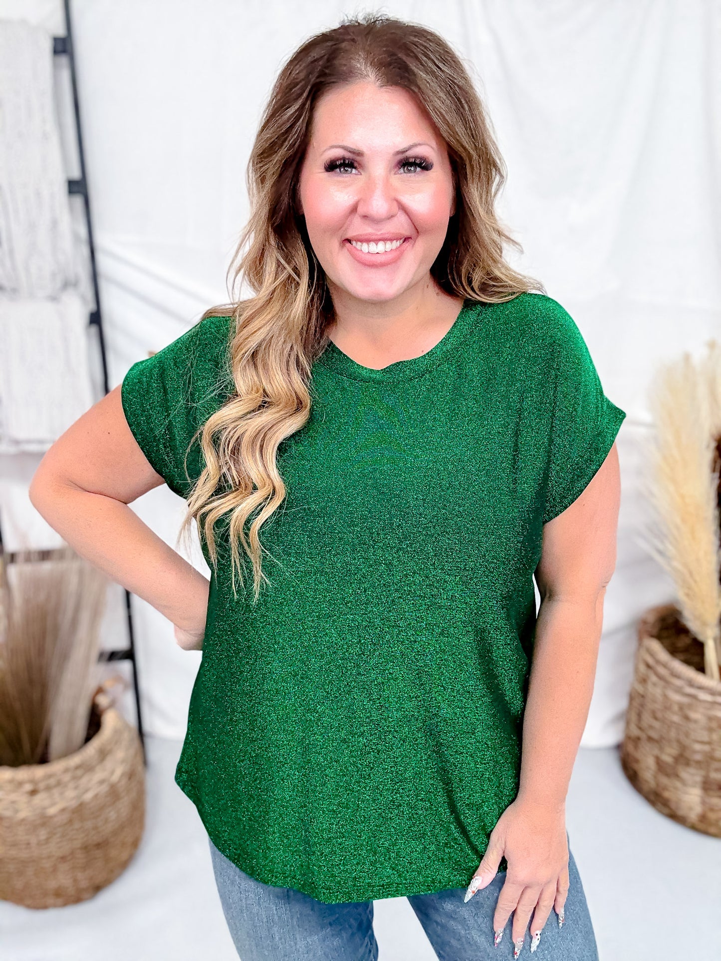 Hunter Green Shimmery Round Neck Top With Cap Sleeves