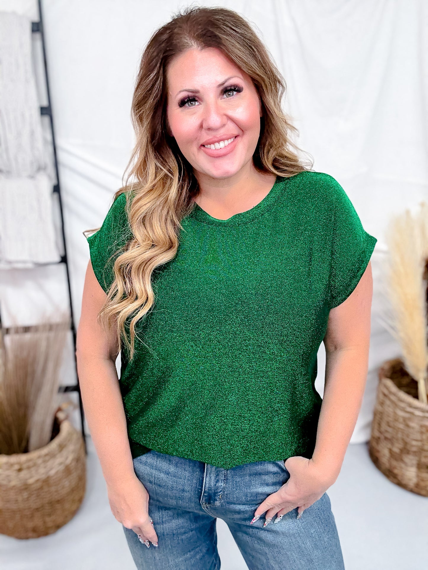 Hunter Green Shimmery Round Neck Top With Cap Sleeves