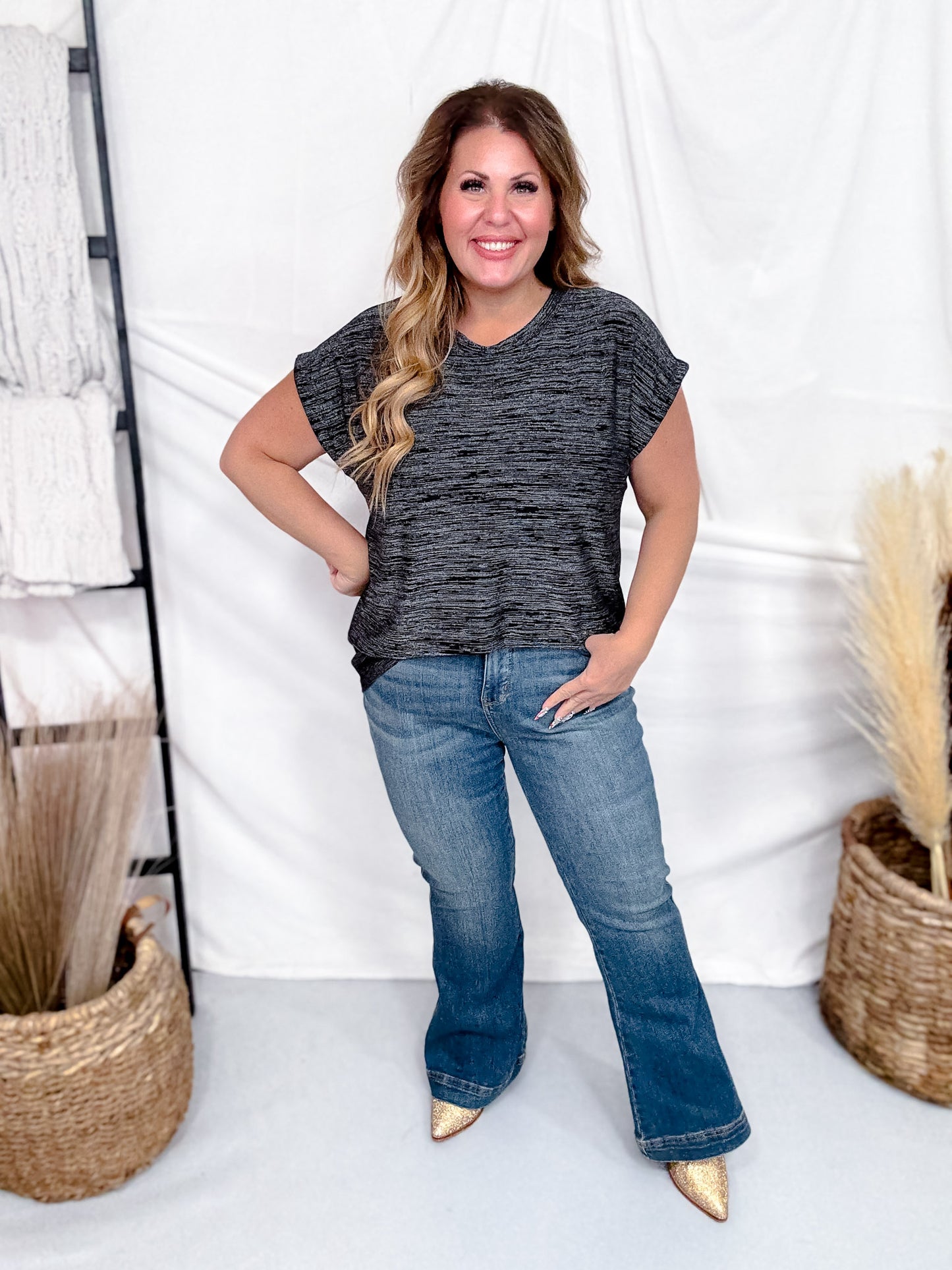 Black & Silver Shimmery Top With Cap Sleeves