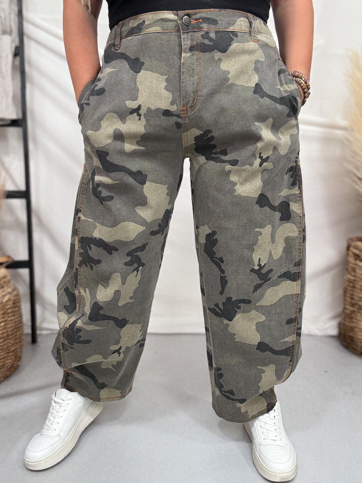 Olive & Gray Camo Print Cropped Barrel Leg Pants