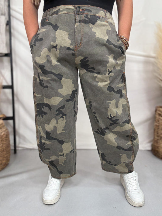 Olive & Gray Camo Print Cropped Barrel Leg Pants