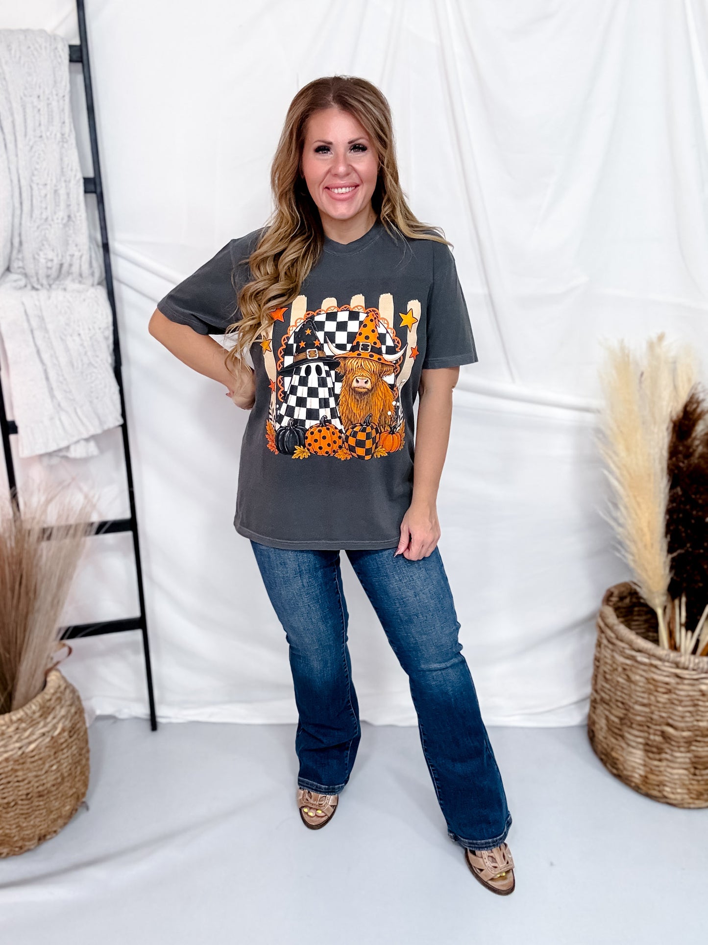 Halloween Highland Cow & Ghost Short Sleeve Graphic Tee