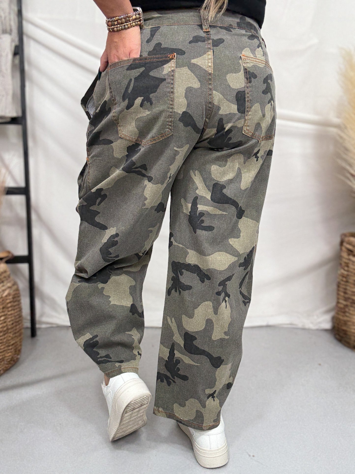 Olive & Gray Camo Print Cropped Barrel Leg Pants