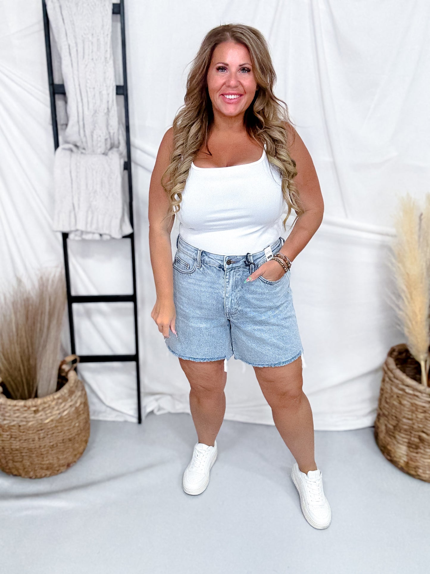 Judy Blue Mid Rise Rigid Magic Dad Shorts W/ Cell Phone Pocket