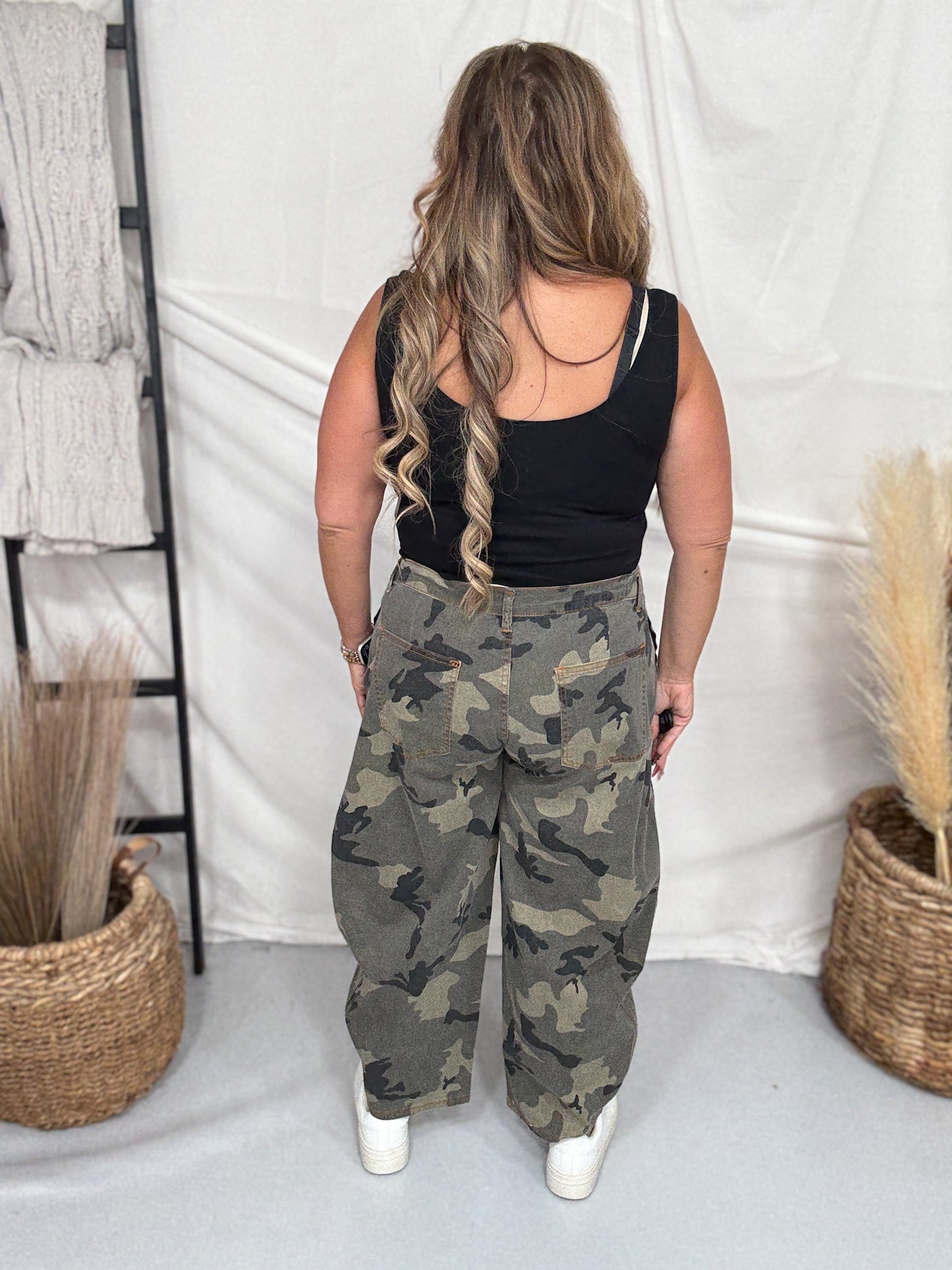 Olive & Gray Camo Print Cropped Barrel Leg Pants