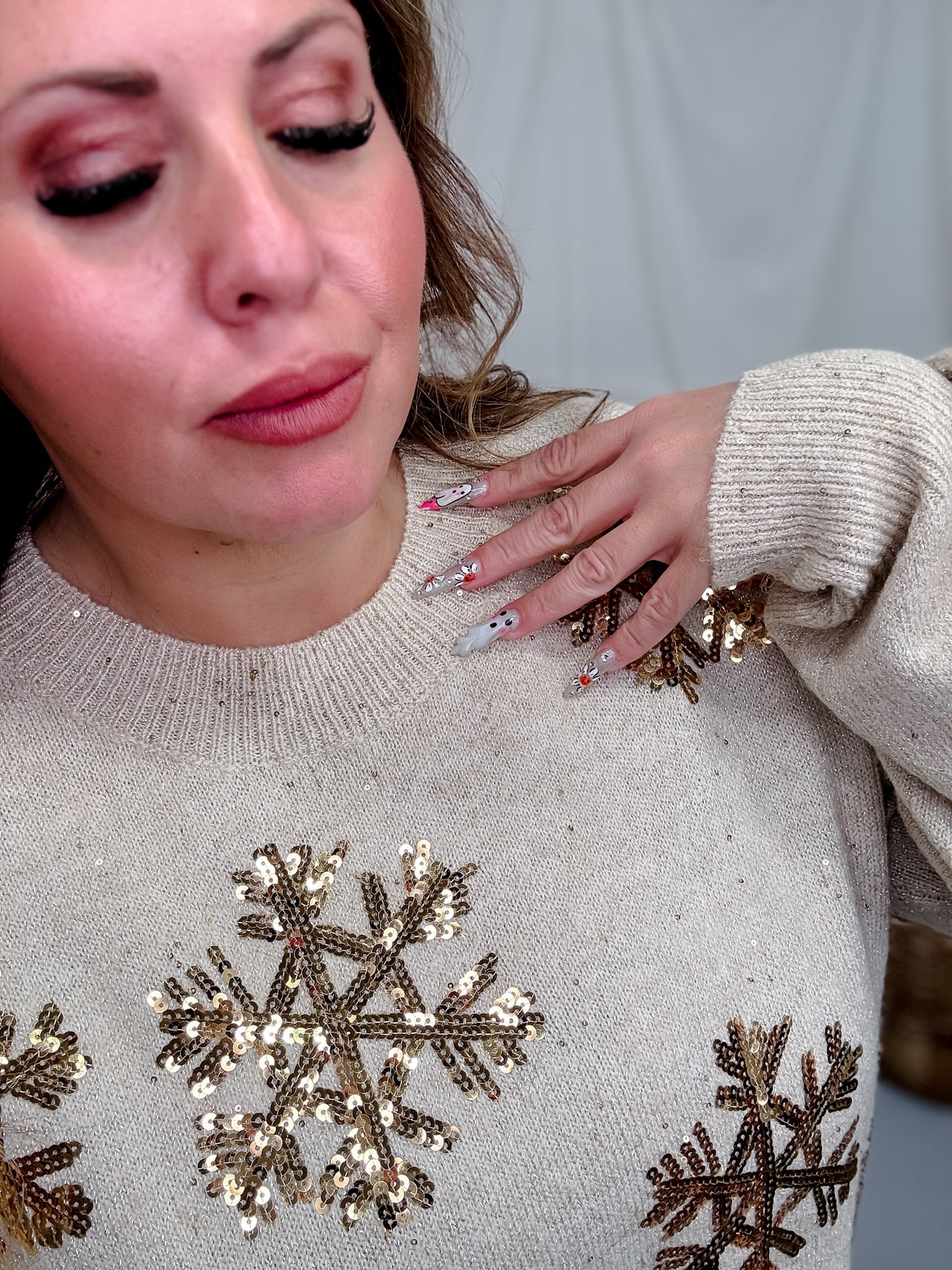 Shimmery Sand Sweater With Gold Sequin Snowflakes