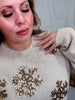 Shimmery Sand Sweater With Gold Sequin Snowflakes