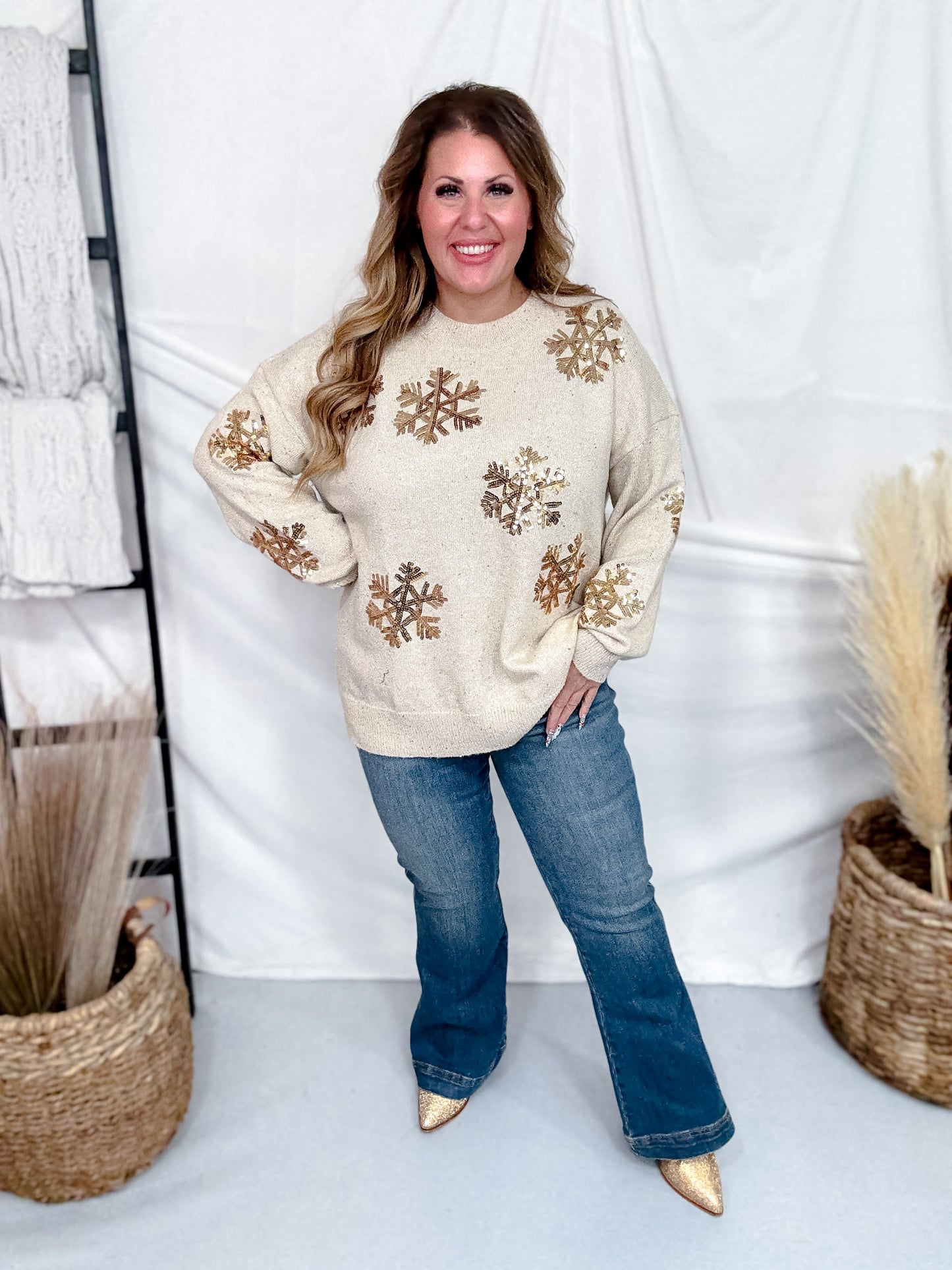 Shimmery Sand Sweater With Gold Sequin Snowflakes