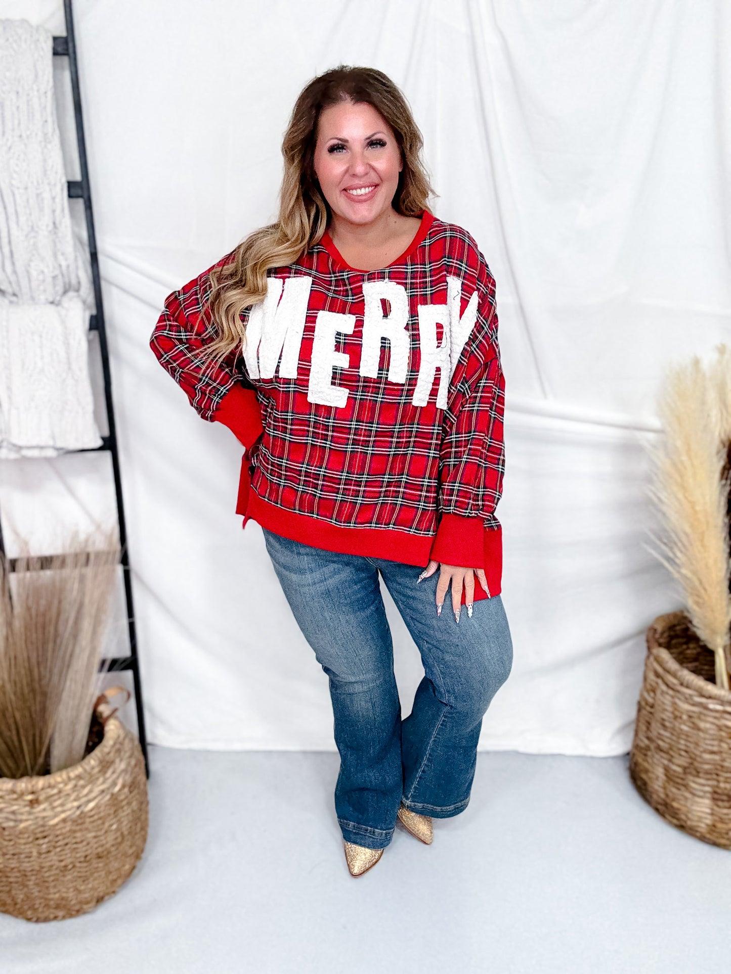 Merry Letter Patches Plaid Long Sleeve Sweatshirt