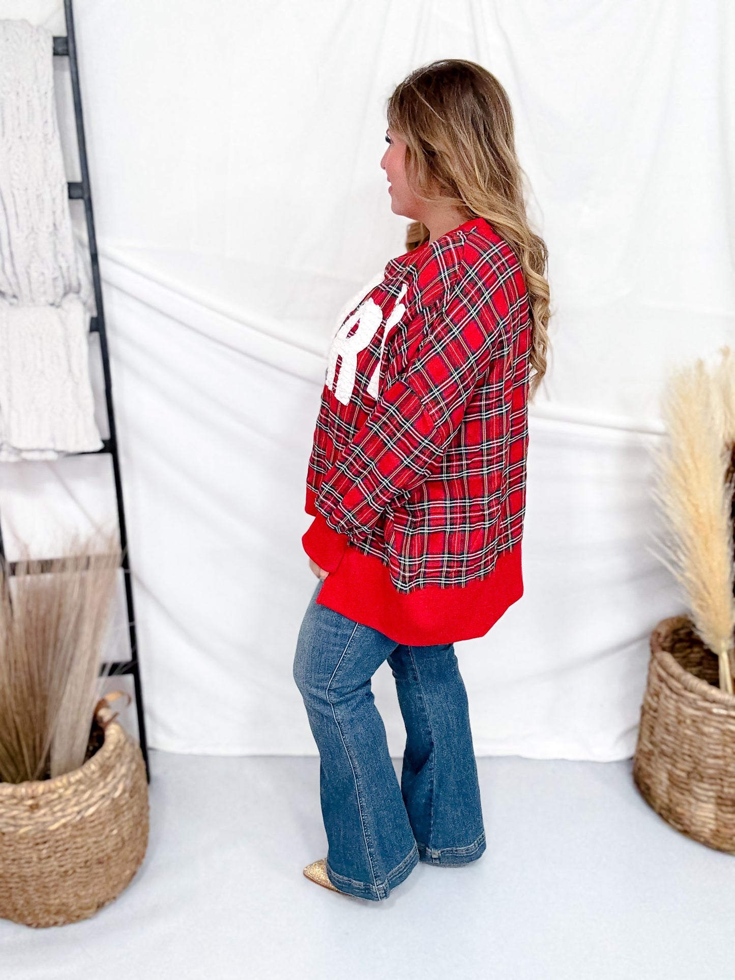 Merry Letter Patches Plaid Long Sleeve Sweatshirt
