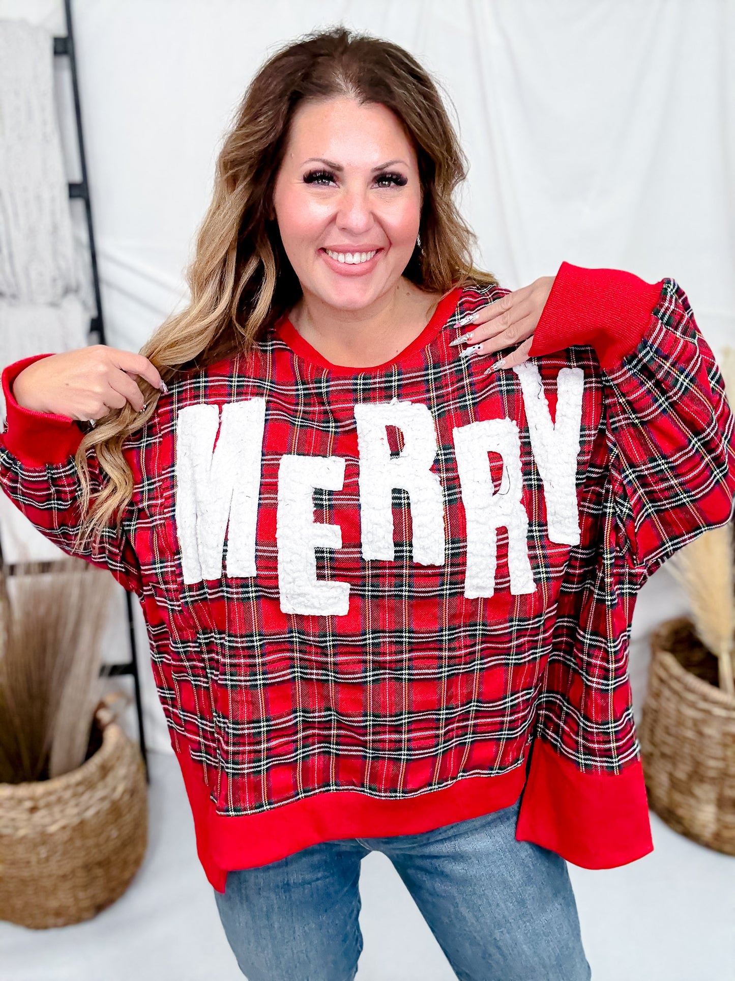 Merry Letter Patches Plaid Long Sleeve Sweatshirt