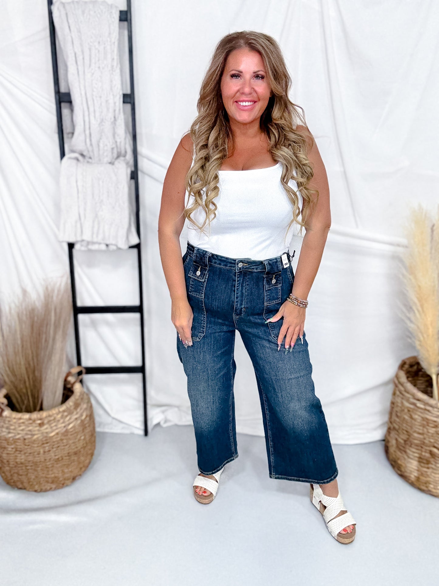 Judy Blue High Waist Cropped Wide Leg Utility Jeans With Patch Pockets