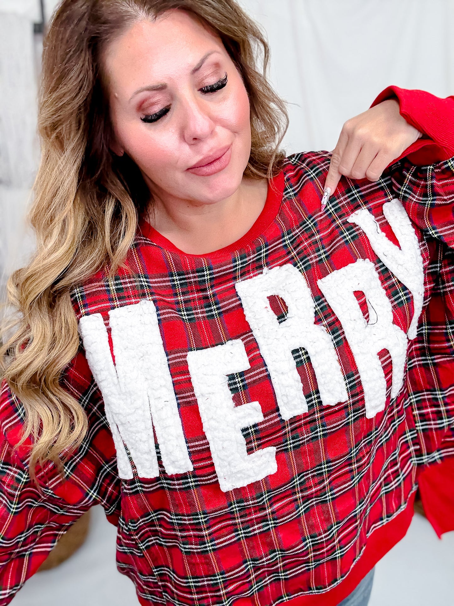 Merry Letter Patches Plaid Long Sleeve Sweatshirt