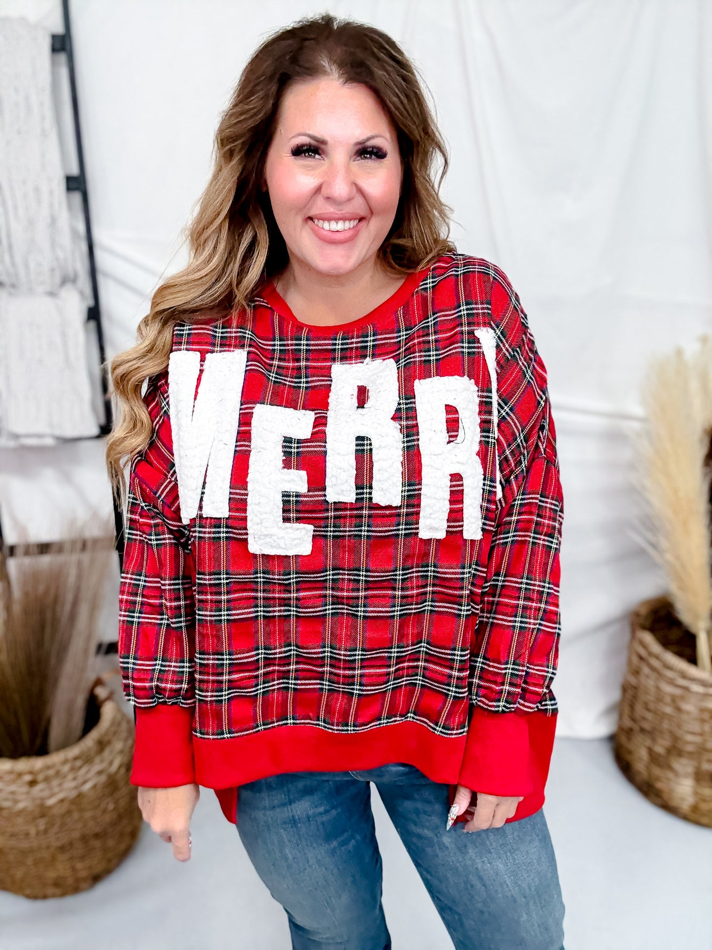 Merry Letter Patches Plaid Long Sleeve Sweatshirt